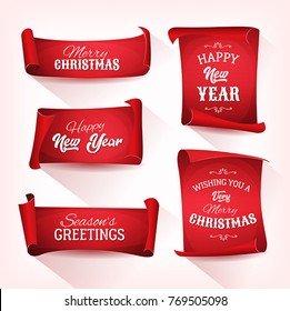 Collection of Christmas Parchment Scroll/
Illustration of a set of christmas and happy new year banners on red parchment scroll, for december and winter holidays