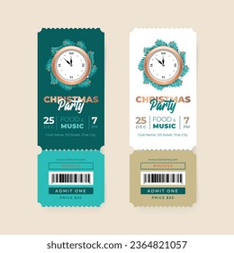 Collection of Christmas Party ticket templates. Winter holiday invitations. Realistic illustration of a gold clock decorated with fir tree branches. Vector 10 EPS.