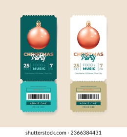 Collection of Christmas Party ticket templates. Winter holiday invitations. Realistic illustration of a red Christmas ball. Vector 10 EPS.