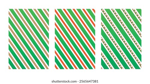 Collection of Christmas patterns. Background with stripes and drawings. Design for New Year's card, packaging with festive flowers. EPS10