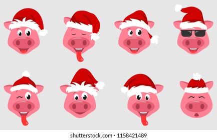 Collection Christmas Pigs with Santa Hats. Symbol 2019 New Year - Illustration Vector