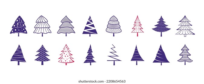 collection of christmas pine tree ornaments in doodle style 