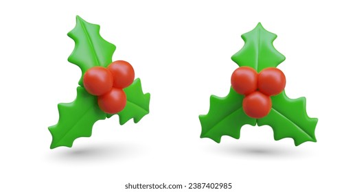 Collection of Christmas plant with red berry. 3d realistic leaves and red balls in different positions, holly branch. Vector illustration in 3d realistic style in red and green colors