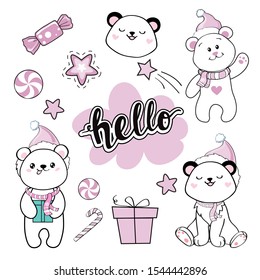 Collection of christmas polar bears, pink candy, star and hello inscription on kawaii style on a white background