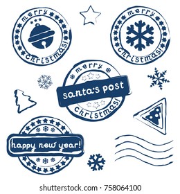 Collection of Christmas postage stamps on white background. Eps 10