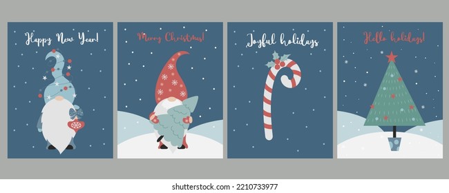 Collection of Christmas posters with scandinavian gnomes. Cute bearded New Years gnome with Christmas tree and Christmas tree toy and caramel stick with holiday inscriptions. Vector illustration