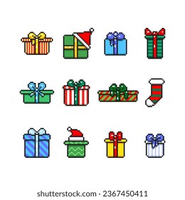 Collection Christmas present of gift boxes with bows, 8-bit pixel present packages. Set of Christmas pixel gift boxes with ribbons. Graphics for games, vector illustration in pixel art style.