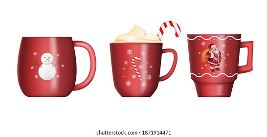 Colección de tazas rojas de Navidad aisladas en fondo blanco. tazas navideñas de chocolate caliente con zefír, tazas de capuchino y latte. Ilustración del vector