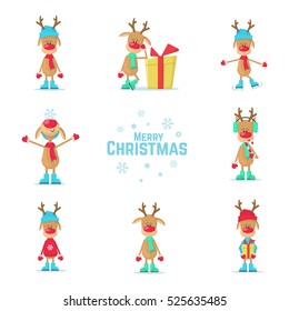 Collection of Christmas reindeer. Flat Vector Illustration.