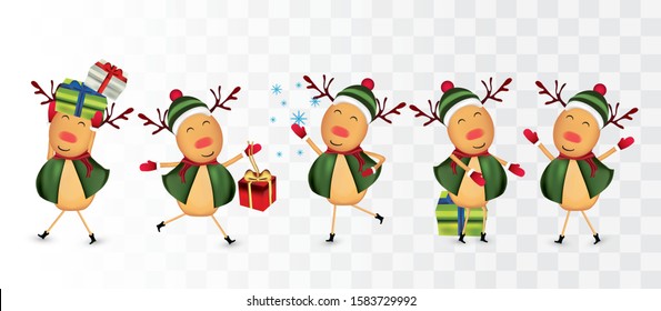 Collection of Christmas reindeer isolated on transparent background. Reindeer with gift present. Christmas characters Reindeer in wearing hat, scarf and mittens.Icon set. Vector illustration