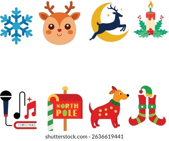 A collection of Christmas related elements such as deer, dogs, candles, moon and music set. 