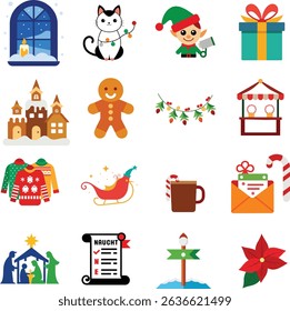 A collection of Christmas related elements such as gift box, Christmas cards, Christmas lights, Fairy lights and Santa Claus.  