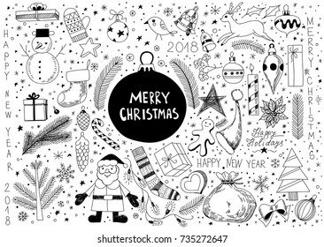 Collection of Christmas related items, drawn in doodle style. Elements for design.