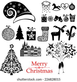 Collection of christmas retro elements isolated on white. Vector Illustration