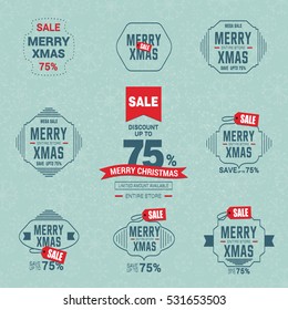 Collection of Christmas Sale design elements with vintage labels, icons and typography design on abstract green  background
