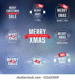 Collection of Christmas Sale design elements with vintage labels, icons and typography design on abstract snow blue background