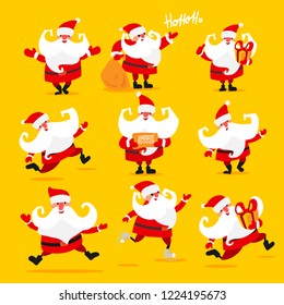 Collection of Christmas Santa Claus. Cartoon hand drawn characters and lettering greetings. Bright colors. Emotions. Vector illustartion.