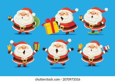 Collection of Christmas Santa Claus character set. Flat design of funny cute Santa Claus with different postures and Christmas elements bell, present, bag, megaphone. Merry Christmas vector