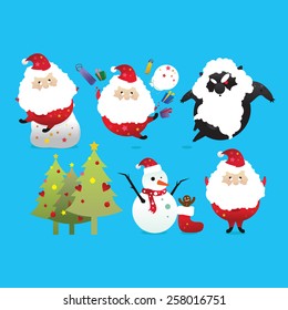 Collection of Christmas Santa Claus, Christmas characters. Santa Claus and Friends, Christmas background. Funny Santa and Reindeer, Funny cartoon character, Vector illustration, Christmas tree