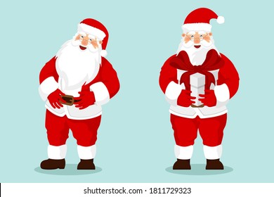 Collection of Christmas Santa Claus. Cute Father Frost stand with gift bag, raise his hands up and welcomed.