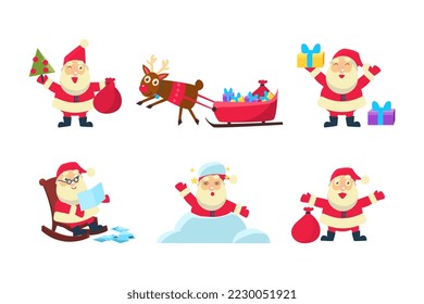 Collection of Christmas Santa Claus in different situations cartoon vector illustration