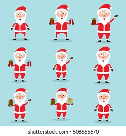Collection of Christmas Santa Claus in flat and cartoon style. Blue sky background. Vector illustration.