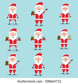Collection of Christmas Santa Claus in flat and cartoon style. Blue sky background. Vector illustration.