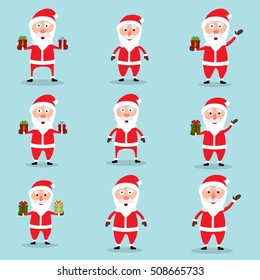 Collection of Christmas Santa Claus in flat and cartoon style. Blue sky background. Vector illustration.