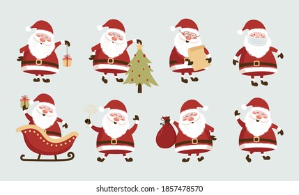 Collection of Christmas Santa Claus. Funny Santa Claus different character. Happy Santa Claus cartoon character. Vector illustrations