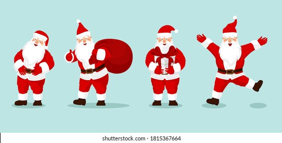 Collection of Christmas Santa Claus with gift, bag with presents, waving and greeting. For Christmas cards, banners, tags and labels.