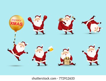 Collection of Christmas Santa Claus isolated. Set of funny cartoon characters with different emotions, New Year's objects. Big set of cute Santa Claus. Festive character for Christmas cards. Vector.