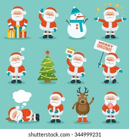 Collection of Christmas Santa Claus. Merry christmas, vector winter background. Set of cute cartoon Santa Claus and Christmas deer
