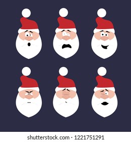 Collection of Christmas Santa Claus. Set of funny heads set cartoon characters with different emotions. New Year Vector illustration isolated on dark blue background. 