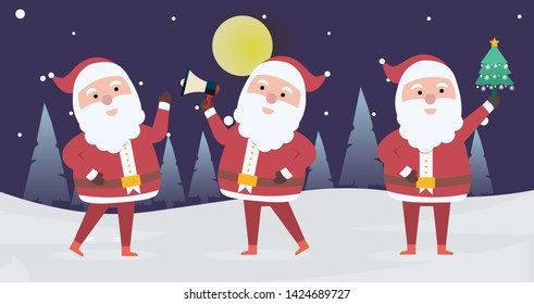 Collection of Christmas Santa Claus. Set of funny cartoon characters with different emotions and New Year's objects.