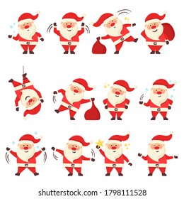 Collection of Christmas Santa Claus. Set of funny cartoon characters with different emotions and New Year items. Set of cartoon Christmas vector illustrations isolated on white background.