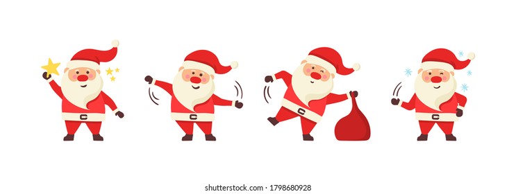 Collection of Christmas Santa Claus. Set of funny cartoon characters with different emotions and New Year items. Set of cartoon Christmas vector illustrations isolated on white background.