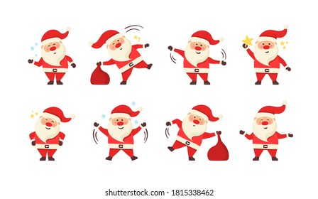 Collection of Christmas Santa Claus. Set of funny cartoon characters with different emotions and New Year items. Set of cartoon Christmas vector illustrations isolated on white background.