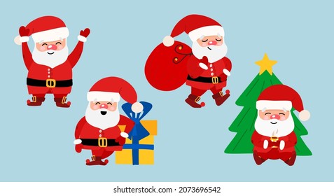 A collection of Christmas Santa Claus, a set of cartoon Christmas illustrations. A set of funny cartoon characters with different emotions, a Christmas tree and gifts.