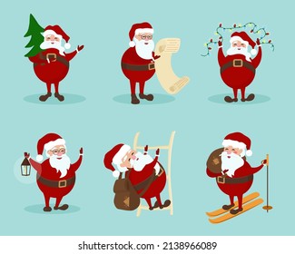 Collection of Christmas Santa Claus. Set of funny cartoon characters with different situations. Flat style. Vector illustrations isolated on light blue background.