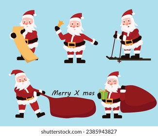 Collection of Christmas Santa Claus. Set of funny cartoon characters Vector illustration isolated	
