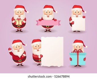 Collection of Christmas Santa Claus. Set of cartoon Santa with a gift, ribbon, card or paper banner in hands. Cute Santa Claus collection. Vector illustration. EPS 10