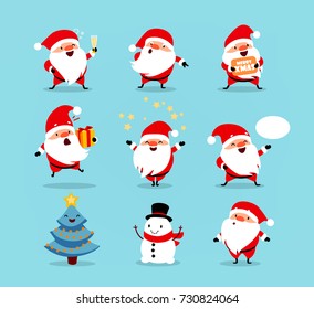 Collection of Christmas Santa Claus. Set of funny cartoon characters with different emotions and New Year's objects. Vector illustration isolated on light blue background. Set - 3