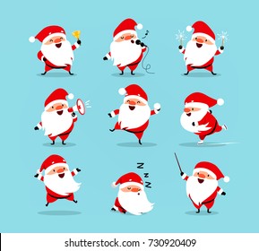 Collection of Christmas Santa Claus. Set of funny cartoon characters with different emotions and New Year's objects. Vector illustration isolated on light blue background. Set - 2