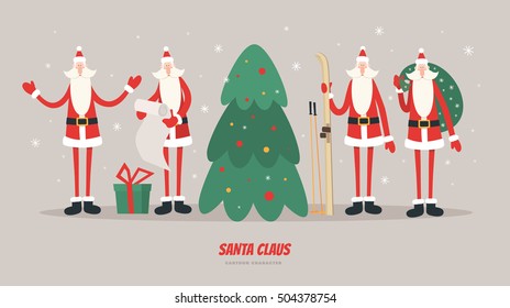 Collection of Christmas Santa Claus vector illustration. Set of cartoon Santa Claus in different poses. Merry christmas design elements. Xmas background.