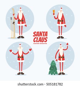 Collection of Christmas Santa Claus vector illustration. Set of cartoon Santa Claus in different poses. Merry christmas design elements. Xmas background.