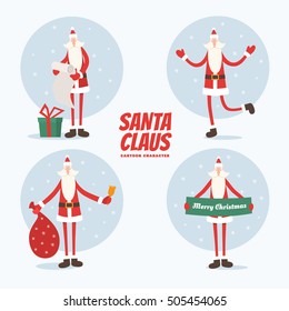 Collection of Christmas Santa Claus vector illustration. Set of cartoon Santa Claus in different poses. Merry christmas design elements. Xmas background.