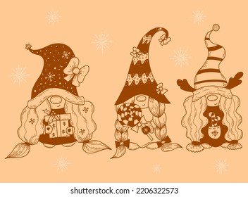 Collection Christmas scandinavian girls gnomes. New year character gnome with gift, candy cane, deer antlers and lollipop. Vector illustration. Decorative hand drawing. Isolated characters gnomes
