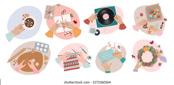 Collection of Christmas scenes, preparing for the holiday, baking cookies, writing to Santa, knitting a scarf, wrapping gifts, decorating a Christmas wreath. Top view process. Vector Illustration.