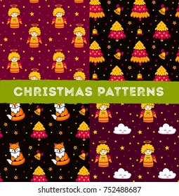 Collection of christmas seamless pattern with angels, foxes, trees on different background for wrapping paper. Vector illustration.