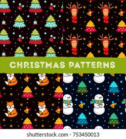 Collection of christmas seamless pattern with angels, foxes, trees on different background for wrapping paper. Vector illustration.